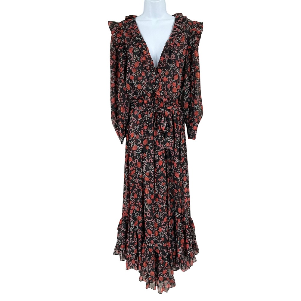 MISA Los Angeles Maxi Dress Womens Medium Black Floral Lurex Boho Ruffle V-Neck